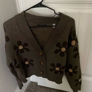 TAHARI Brown Flower Cardigan